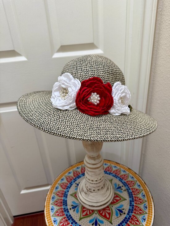 Elegant Women\'s Tweed Sun Hat With Satin Flowers And Pearls Wedding Tea Party